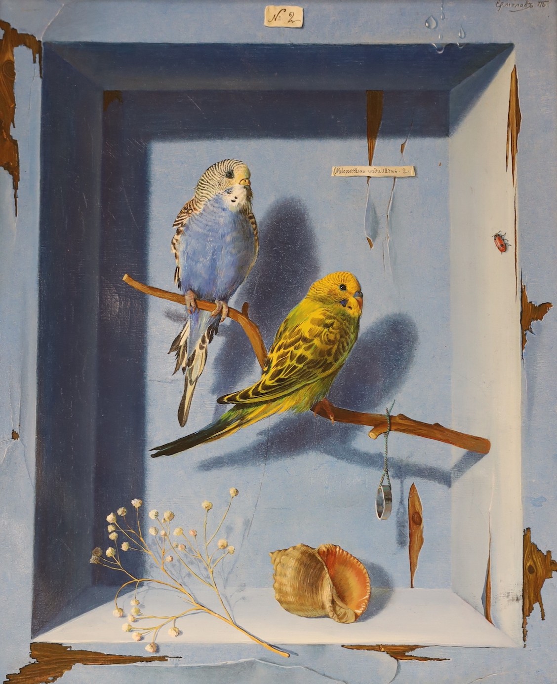 Pavel Yermolov (b.1971) oil on canvas, Study of two budgerigars, signed and inscribed verso, 34 x 28cm